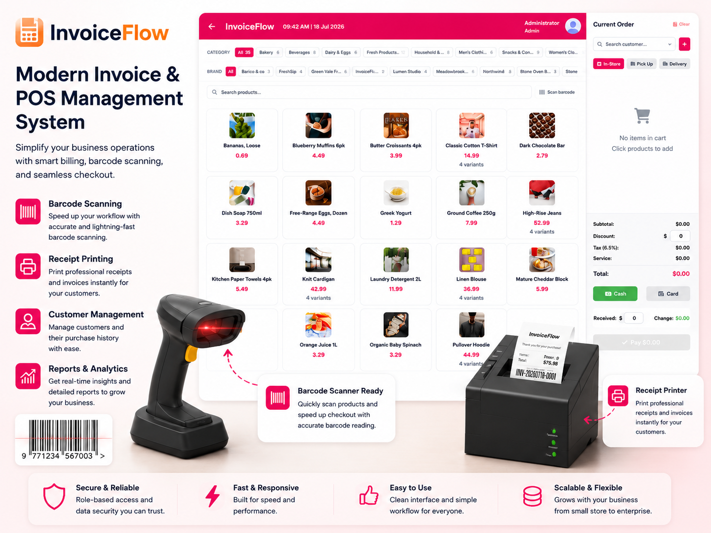 Invoice Terminal — barcode scanning, cash and card tenders, thermal receipt